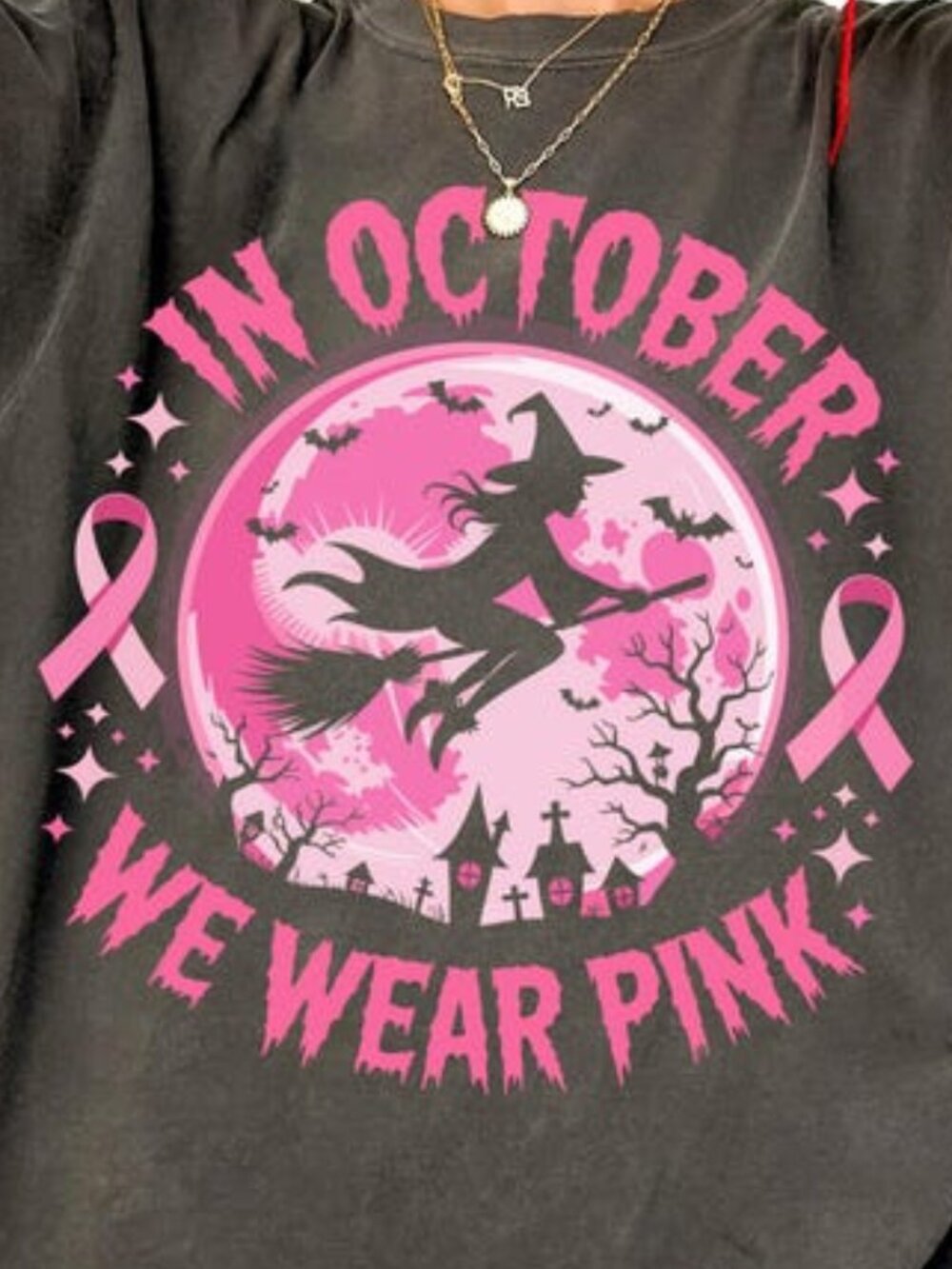 In October We Wear Pink Witch Shirt, Breast Cancer Awareness Tee - Picture 2 of 4